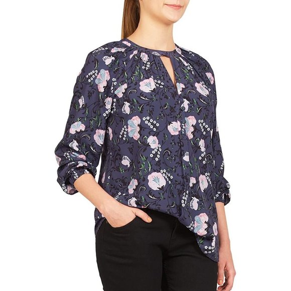 eShakti Floral Keyhole Blouse Top Size XL 16 Purple Crepe Unlined Pullover Boho - Picture 14 of 14